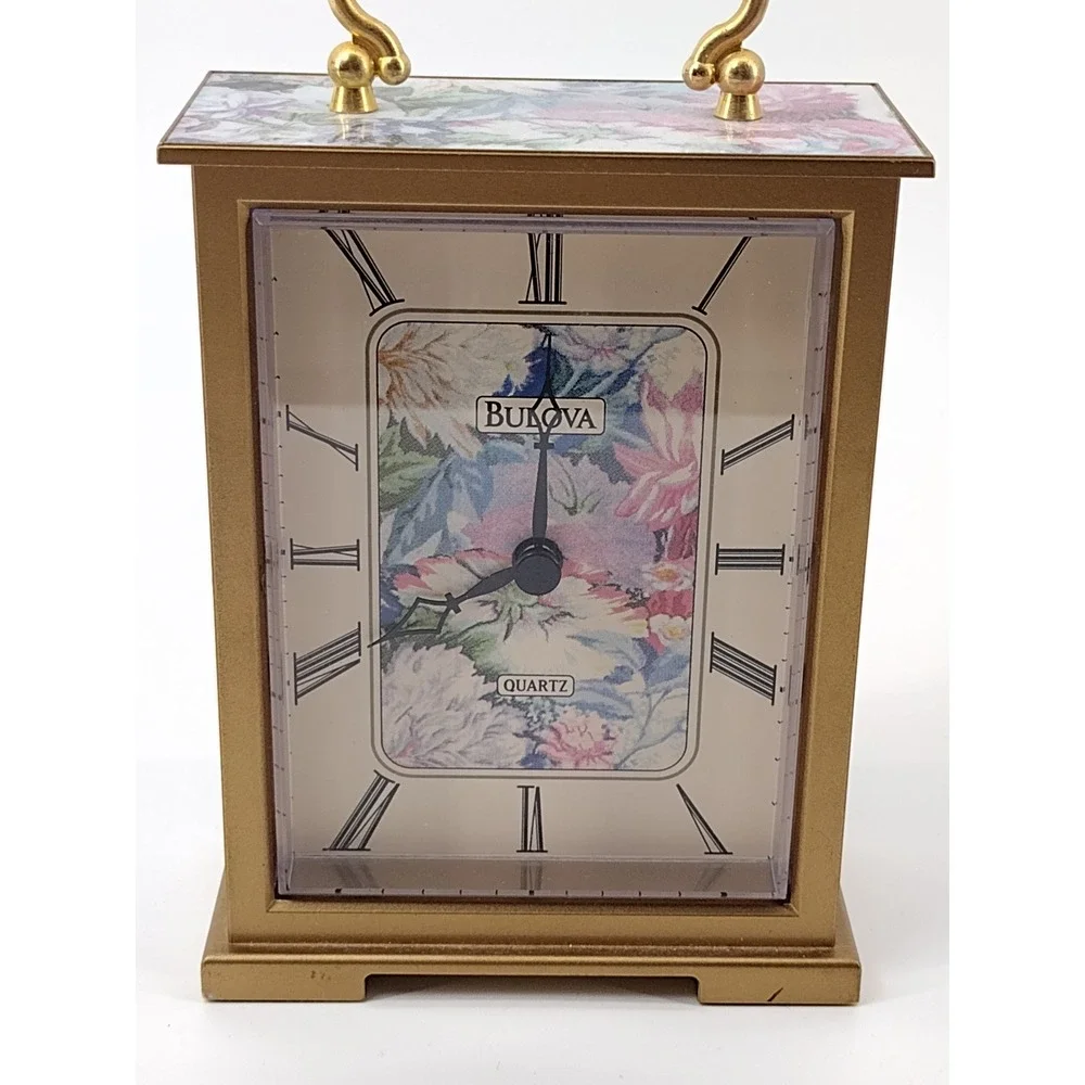 Bulova Quartz Mantel Clock Floral Pattern Gold Tone Roman Numerals working